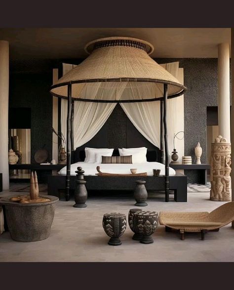 aesthetic, unique design, bedroom design, canopy bed, interior design, home decor, interior design ideas Modern African Bedroom, African Resort, Living Room Inspiration Apartment, African Bedroom, African Interior Design, African Architecture, African House, African Interior, African Home Decor