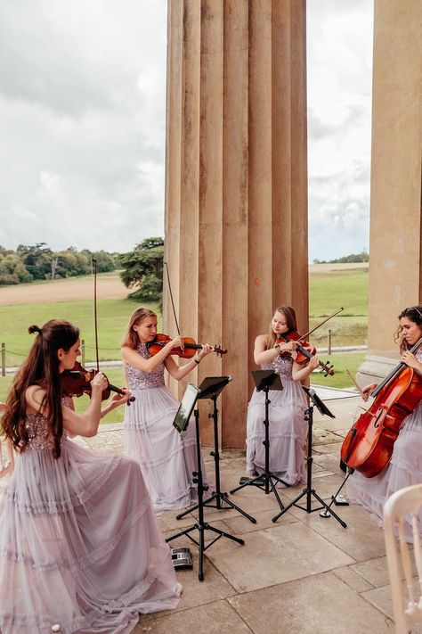 String quartet playing at wedding ceremony Wedding String Quartet, String Quartet Wedding, Metallic Wedding Theme, Metallic Bridesmaid Dresses, Wedding Ceremony Outdoor, Bridgerton Wedding, Flower Girl Outfits, Wedding Musicians, Ceremony Outdoor