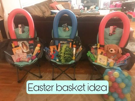 I created fun Easter baskets with camping chairs and pool noodles to act as the handle of the basket. Pool Easter Basket, Easter Baskets Diy, Easter Chair, Fun Easter Baskets, Unique Easter Baskets, Baskets Diy, Unique Easter, Easter Basket Diy, Easter Basket Ideas