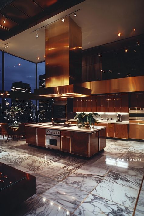 Luxury Nyc Apartment Kitchen, Beautiful Large Homes, Kitchen Mansion Luxury, Penthouse Apartment Aesthetic Bathroom, Kitchen Aesthetic Night, Modern Big Kitchen, 90s Penthouse, Fancy Apartment Aesthetic, Nyc Penthouse Kitchen