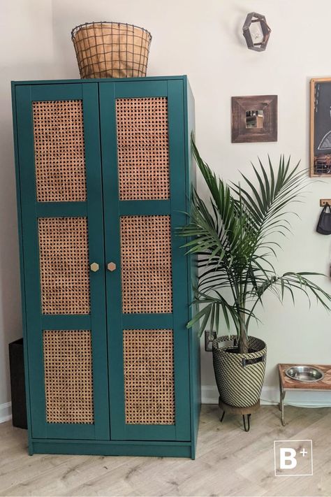 green painted IKEA wardrobe cabinet sitting in entryway next to indoor plant and boho wall decor Wardrobe Cabinet Makeover, Rakkestad Ikea, Rakkestad Ikea Hack, Ikea Hack Wardrobe, Small Entryway Organization, Cabinet Hack, Ikea Entryway, Ikea Makeover, Entryway Closet