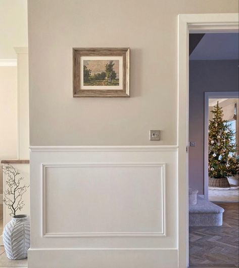 Hallway White Panelling, White Panelling Beige Walls, Cream And White Walls, White Panelling Hallway, Cream Wall Panelling, Skimming Stone Nursery, Skimming Stone Hallway, Hallway Panelling Colours, Panelling Colours