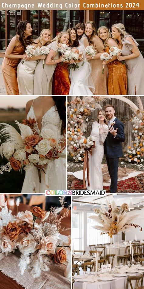 Orange And Champagne Wedding, Champagne Wedding Theme Color Schemes, Copper Wedding Dress, Elegant Champagne Wedding, Copper Wedding Colors, Copper Bridesmaid, Orange Wedding Color Palette, Copper Bridesmaid Dresses, Orange Wedding Bouquet