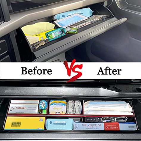 Pick Up Truck Organization Ideas, Car Truck Organization, Diy Truck Storage Ideas, Pickup Truck Organization Ideas, Glove Box Organizer, 2019 Ford F150 Accessories, Glove Compartment Organization, Car Glove Box Organization, Ford Trucks F150 Accessories