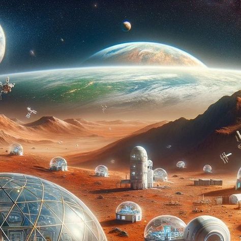 DALL·E by OpenAI on Instagram: ""A captivating space scene depicting a futuristic colony on Mars, with domed habitats and advanced technology. The Martian landscape is a vivid red with rocky terrain, and in the background, Earth can be seen in the sky. Astronauts and robots are shown working together, exploring the surface and conducting experiments. The colony includes greenhouses for growing food and solar panels for energy. This image should reflect the possibilities of human ingenuity and the exploration of new frontiers in space." Made with #dalle3" Futuristic Colony, Martian Landscape, Space Scene, Rocky Terrain, The Colony, Greenhouses, Growing Food, The Martian, Working Together