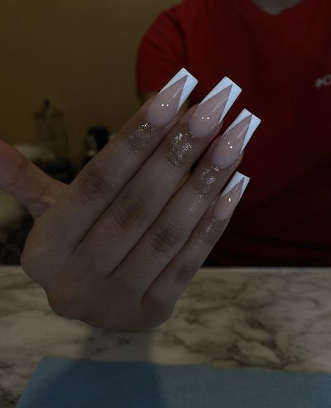 V Tips Nails Coffin, White Tip Acrylic Nails, Cherry Nail, Butterflies Pink, White Tip Nails, Acrylic Toe Nails, Ombre Acrylic Nails, White Acrylic Nails, French Tip Acrylic Nails