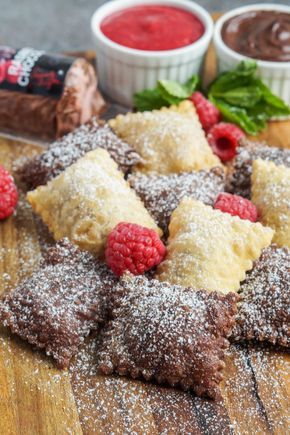 Fried Ravioli with Raspberry Chocolate Goat Cheese Filling Chocolate Ravioli, Fried Ravioli, Chocolate Pasta, Dessert Pasta, Chocolate Dipping Sauce, Homemade Ravioli, Goat Cheese Recipes, Ravioli Recipe, Raspberry Chocolate