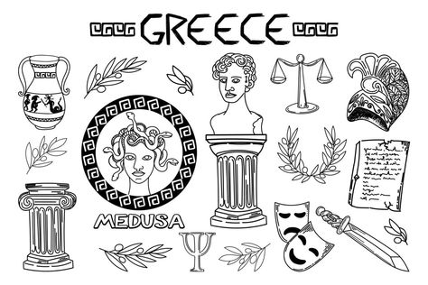 Greek Illustration, Ancient Greece Mythology, Greek Mythological Creatures, Perseus And Medusa, Greek Monsters, Greece Mythology, Mythological Characters, Travel Crafts, Greek Tattoos