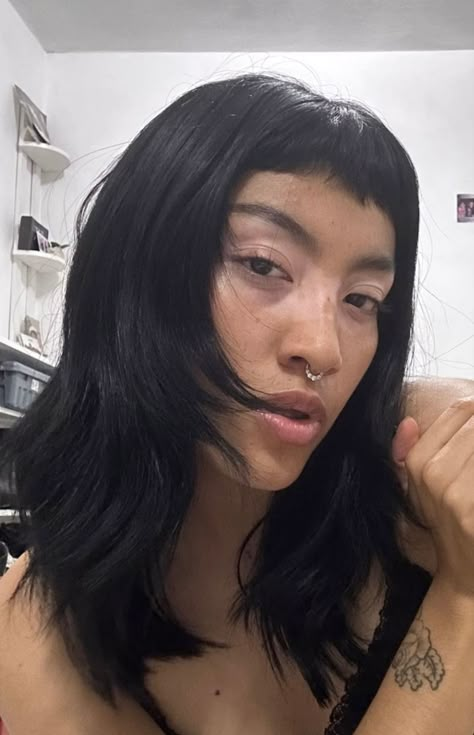 Edgy Long Haircut For Thick Hair, Styling Micro Bangs, Curtain Micro Bangs, French Micro Bangs, Black Hair With Micro Bangs, Rocker Gf Hair, Long Shag With Micro Bangs, Mini Fringe Long Hair, Soft Micro Bangs