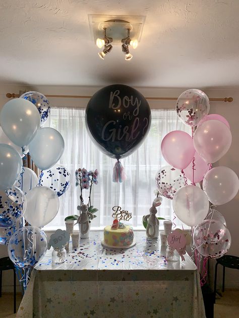 Simple Gender Reveal Party Decorations Cute Ideas, Small Gender Reveal Decor, Gender Reveal Home Decor, Simple Gender Reveal Ideas For Party, Gender Reveal Ideas For Party Indoors, Easy Gender Reveal Decorations, Gender Reveal Decorations Simple, Gender Reveal Ideas For Party Decoration Indoor, Simple Gender Reveal Backdrop