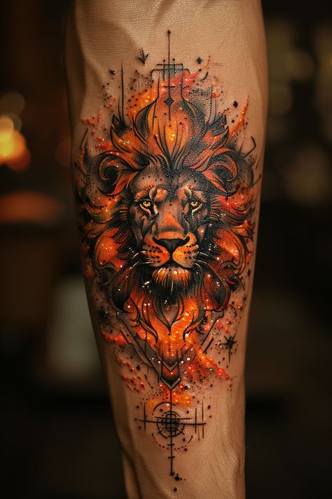 Colorful Tattoo - Traditional Tattoos - Special Meaningful Tattoo - Dreamy Designs - The Most Beautiful Tattoo - Magical Moments  - Tattoo Designs Drawings #TattooDrawings #TattooRealistic #TattooDesigns Lion Inner Bicep Tattoo, Lion With Flames Tattoo, Lion Space Tattoo, God Of Fire Tattoo, Lion Flames Tattoo, Phoenix Lion Tattoo, Sunflower On Fire Tattoo, Celestial Lion Tattoo, Lion Tattoo Colorful