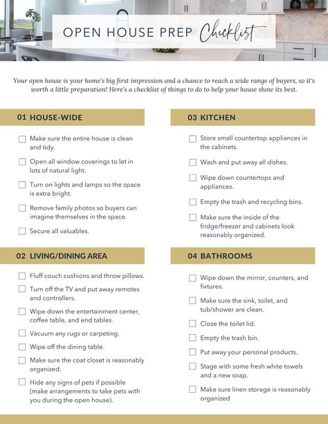 Open House Prep Checklist Open House Checklist For Realtors, Open House Snack Ideas, Open House Ideas Real Estate Snacks, Open House Ideas Real Estate Set Up, Real Estate Open House Ideas, Open House Ideas Real Estate, Selling House Checklist, Open House Kit, Open House Checklist