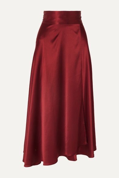 Bridesmaid Dresses Ideas, Red Long Skirt, Wrap Midi Skirt, Wrap Around Skirt, Sequence Work, Dresses Ideas, Red Skirts, Satin Skirt, Silk Skirt