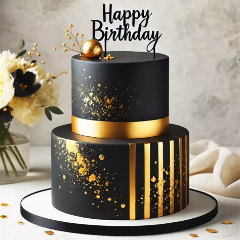 Men Cake Designs, 50 Birthday Cake Men, Black And Gold Cake Design, Elegant Black And Gold Cake, Black Gold Cake Birthday, Black Cake For Men, Black And Gold Birthday Cake For Him, Black And Gold 50th Birthday Cake, Black And Gold Cake Birthday For Women