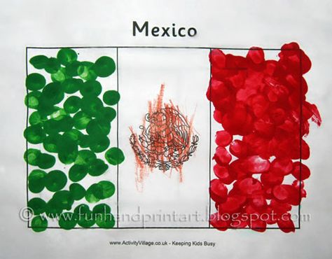 Fingerprint Flag of Mexico Craft - Bandera de México - Fun Handprint Art Mexico For Kids, Mexico Crafts, Flag Of Mexico, Summer Crafts For Toddlers, May Crafts, Mexican Independence Day, Flag Crafts, Flag Coloring Pages, Preschool Projects