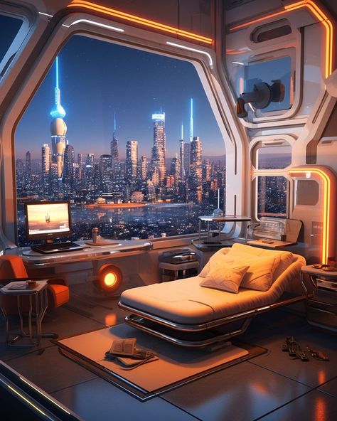 Futuristic Room Sci Fi Interior Design, Sci Fi Space Station Interior, Spaceship Interior Bedrooms, Spaceship Interior Concept Art, Sci Fi Bedroom, Futuristic Rooms, Futuristic Bedroom, Scifi Interior, Interior Concept Art