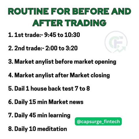 Routine for Before and After Trading Before Trading: Market Analysis Before Market Opening 🕖 Review key market indicators and news. 1st Trade: 9:45 AM to 10:30 AM 🕤 Execute your first trade of the day within this time frame. After Morning Session: Daily 10 Minutes Meditation 🧘‍♂️ Practice meditation to maintain focus and calm. Daily 15 Minutes Market News 📰 Stay updated with the latest market news and trends. Daily 45 Minutes Learning 📚 Spend time learning new strategies or reviewing e... Practice Meditation, Trading Market, Trading Psychology, Market Analysis, August 11, Meditation Practices, New Market, Daily Habits, Financial Literacy