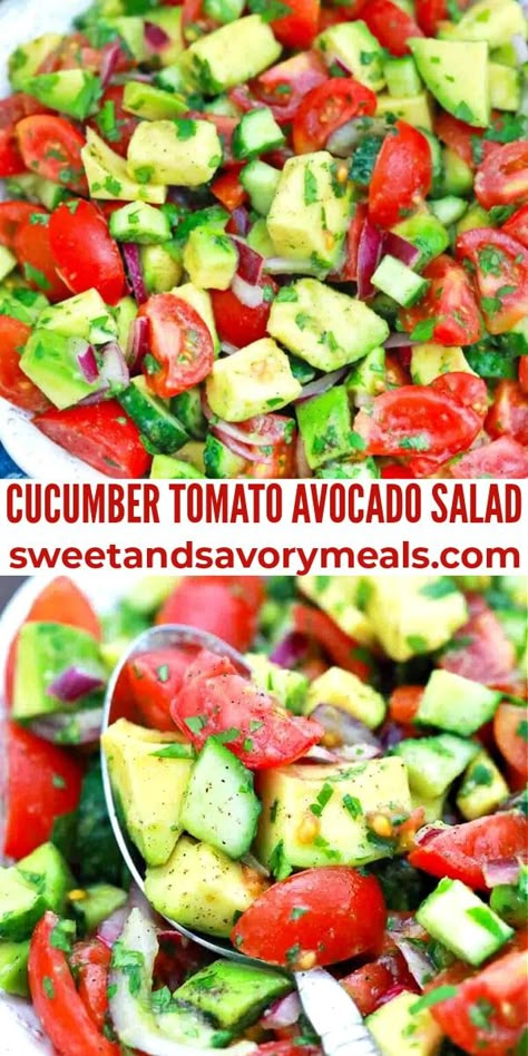 Cucumber Tomato Avocado Salad is packed with fresh herbs and veggies including creamy avocado, crisp cucumber, tomatoes, and lemon juice. Tomato Avocado Salad, Cucumber Tomato Avocado Salad, Cucumber Avocado Salad, Tomato Avocado, Avocado Tomato Salad, Cream Interior, Avocado Salad Recipes, Cucumber Avocado, Cucumber Tomato Salad