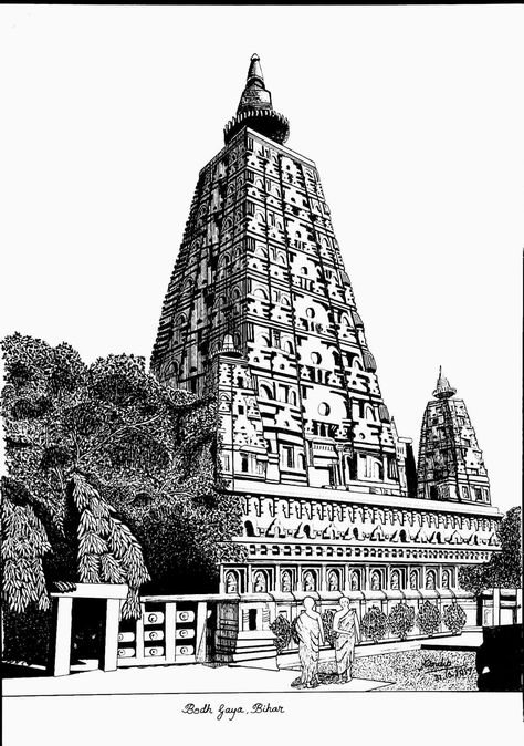 Mahabodhi Temple Drawing, Temple Drawing Indian Simple, Shilpa Shastra, Mahabodhi Temple, Drawing Indian, Urban Drawing, Fruit Art Drawings, Temple Drawing, Quick Sketches