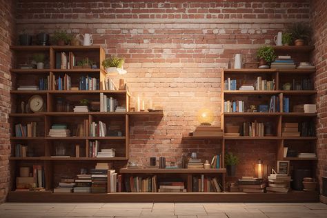 Bookshelf On Brick Wall, Bookshelves Background, Bookshelf Background, Bookshelves With Books, Brick Wall Background Photography, Background Book, Exposed Brick Wall Paper, Brick Wall Background, Book Wall