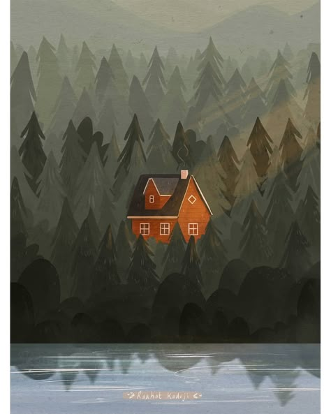 Red cabin, forest, illustration by Raahat Kaduji - raahatkaduji.com - instagram @raahatventures Raahat Kaduji, Romanticizing Fall, Nordic Cabin, Hygge Art, 숲 사진, Cabin Art, Mountain Art Print, Art Mignon, Forest Illustration