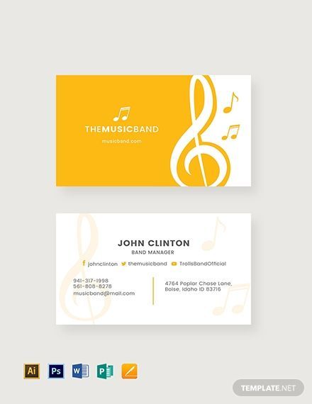 Music Band Business Card Template - Download in Word, Google Docs, Illustrator, PSD, Apple Pages, Publisher | Template.net Music Visiting Card, Music Business Cards Design, Band Business Card, Musician Business Card, Calling Card Design, Create A Business Logo, Music Business Cards, Frames Design Graphic, Cute Business Cards