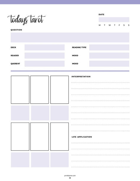 A 6 Card Pull Tarot Journal with sections for date, deck, reading type, reader's and querent's mood, six card slots, and spaces for interpretation and life application. Daily Card Pull, Tarot Journal Template Free Printable, Daily Tarot Journal, Tarot Practice, Tarot Journal, Daily Tarot Reading, Card Meanings, Tarot Card Spreads, Daily Calendar