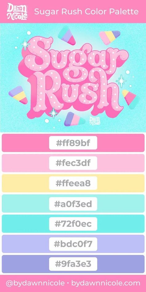 Grab the free color palette I used to create this "Sugar Rush" hand lettering in the Procreate app ! Ibis Paint Color Palette Code, Cute Pastel Color Palette, โค้ดสี Goodnote, Sugar Rush Aesthetic, School Color Palette, Goodnotes Color Palette, Color Palette Code, Aesthetic Colour Palette, Colorful Color Palette