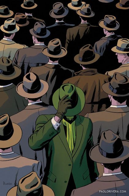 Paolo Rivera: The Green Hornet #9 cover. 2013. Ink(ed by Joe Rivera) on bristol board with digital color, 11 × 17″. Retro Comic Art Aesthetic, Detective Illustration Concept Art, Vonnegut Aesthetic, Noire Detective, Spy Drawing, Detective Illustration, Paolo Rivera, Doc Savage, Noir Detective