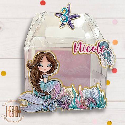 Clear Box Party Favor, Clear Gable Box Ideas, Mermaid Party Boxes, Mermaid Favors Ideas, Birthday Pool Party Decorations, Mermaid Favor Boxes, Mermaid Party Decor, Mermaid Favor, Birthday Pool Party