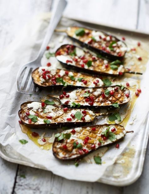 Roasted Eggplant With Tahini & Pomegranate | Joy of Kosher Roasted Aubergine, Rosh Hashanah Recipes, Pomegranate Recipes, Roasted Eggplant, Roast Eggplant, Eggplant Recipes, Jewish Recipes, Rosh Hashanah, Challah