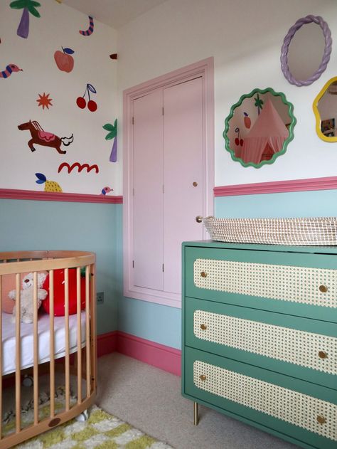 Our Daughter's Colourful Nursery - Meg Monde - Interiors How To Design A Nursery, Quirky Nursery Ideas, Happy Nursery Ideas, Nursery Aesthetic Colorful, Funky Baby Nursery, Colourful Childrens Bedroom, Nursery Ideas Colourful, Colorful Eclectic Nursery, Funky Nursery Ideas