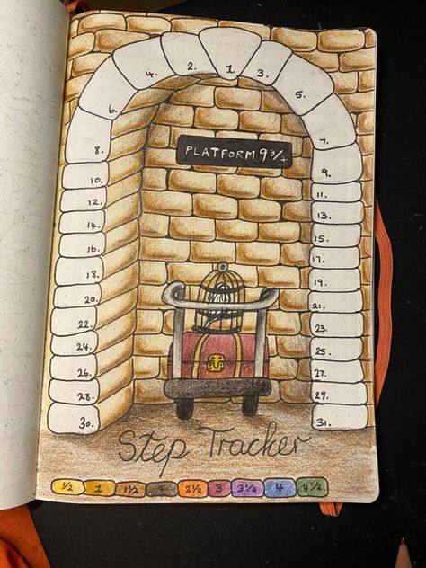 Harry Potter Themed Bullet Journal Bullet Journal Harry Potter Theme, Harry Potter Journal Pages, Harry Potter Journal Ideas, Harry Potter Bujo, Harry Potter Bullet Journal, Bujo Themes, Harry Potter Journal, Step Tracker, 2025 Planner