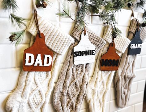 Rustic Christmas Stocking, Cow Tag, Christmas Country, Stocking Tags, Stocking Hanger, Western Christmas, Christmas Mantels, Country Christmas, Wooden Letters