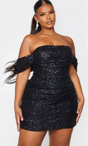 Plus Size Birthday Outfits, Bardot Bodycon Dress, Sequin Material, Black Sequin Mini Dress, Bardot Neckline, Plus Size Party Dresses, Dress Doll, Black Dress Formal, Dress Birthday