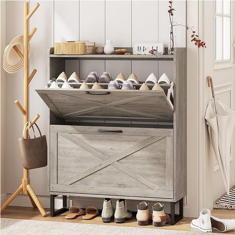 Maupvit Shoe Cabinet with 2 Flip Drawers, Freestanding Shoe Cabinet Organizer with Metal Legs, Shoes Storage Cabinet for Entryway, Narrow Shoe Rack Cabinet, Washed Gray Farmhouse Shoe Rack, Entryway Narrow, Shoe Rack Cabinet, Slim Shoe Cabinet, Shoe Cabinet Entryway, Narrow Shoe Rack, Narrow Shoes, Drawer Design, Shoe Storage Cabinet