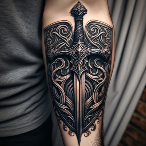 Spear And Shield Tattoo, Cross And Shield Tattoo, Forearm Shield Tattoo, Angel Swordsman Tattoo, Broadsword Tattoo, Shield Tattoo, Blog Design Inspiration, Forearm Tattoo, Blog Design