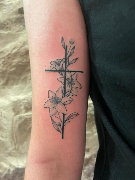 Cross Tattoo With Flowers, Flower Cross Tattoo, Aster Tattoo, Tattoo Upper Arm, Tattoo With Flowers, Flower Cross, Arm Tattoos, Time Tattoos, Cross Tattoo