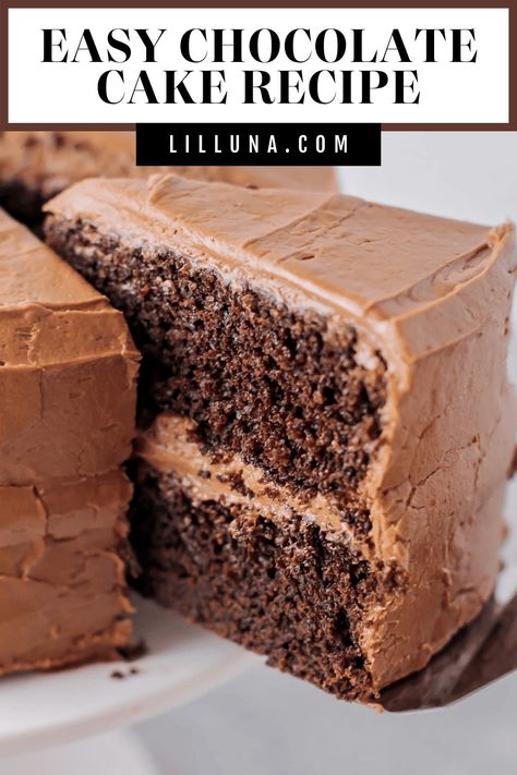 This deliciously easy chocolate cake recipe is topped with homemade chocolate frosting. This 2-layer cake is simple and decadent! #easychocolatecake #chocolatecake #chocolate #cake #twolayerchocolatecake Easy Layer Cake Recipes, Easy Chocolate Cake Recipe, Chocolate Cake From Scratch, Homemade Chocolate Frosting, Homemade Buttercream Frosting, Rhubarb Desserts, Chocolate Cake Recipe Easy, Homemade Chocolate Cake, Easy Chocolate Cake