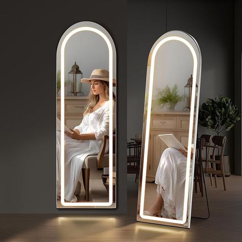 Amazon.com: Arched Mirror Full Length with LED Lights, 16"x60" Body Wall Mirrors, Floor Standing Hanging Leaning, Tall Arch Mirror with Stand Aluminum Alloy Frame, Dimmable 3-Color Lighting for Bedroom Cloakroom : Home & Kitchen Nyc Room Ideas, Floor Mirror With Lights, Aesthetic Mirrors, Vanity Set Up, Nyc Room, Arched Floor Mirror, Bling Decor, Dorm Room Accessories, Full Length Mirror Stand