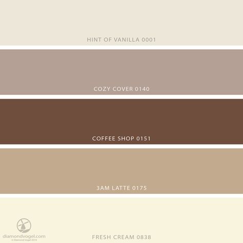 Colors by Diamond Vogel Paint: Hint of Vanilla 0001 Cozy Cover 0140 Coffee Shop 0151 3am Latte 0175 Fresh Cream 0838 Vanilla Color Scheme, Coffee Color Bedroom Ideas, Vanilla Color Palette Colour Schemes, Coffee Shop Paint Colors, Cream Color Palette Colour Schemes, Vanilla Colour Palette, Brown Pallete Color Aesthetic, Cappuccino Color Palette, Brown Aesthetic Palette