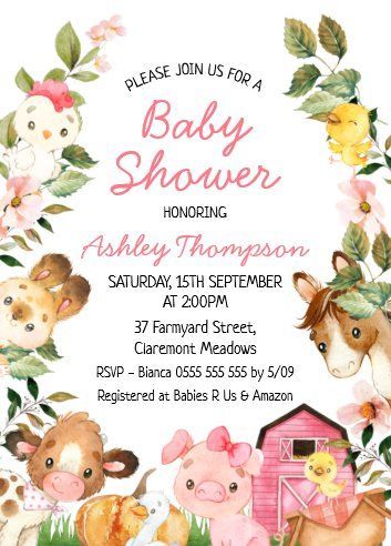 Girl Baby Shower Invitations, Farm Themed Party, Farm Baby Shower, Animal Baby Shower Invitations, Baby Farm Animals, Farm Theme, Animal Baby Shower, Invitation Baby Shower