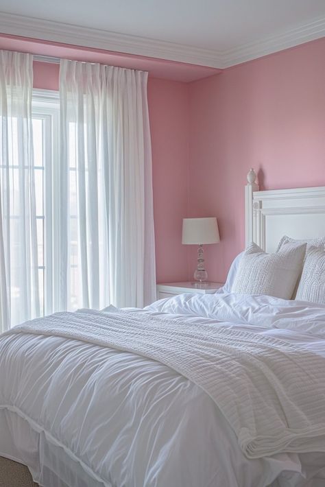 Soft Pink and Serene White Sanctuary Light Pink Bedroom Walls, Bedroom White Curtains, Painted Ceiling Bedroom, Wall Paint Bedroom, White Girls Bedroom, Light Pink Bedroom, Pink And White Bedroom Ideas, Pink And White Bedroom, Light Pink Bedrooms