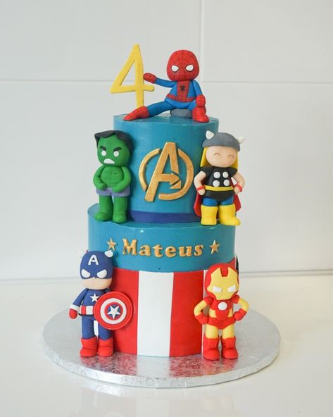 Superhero Cake 3rd Birthday, Avengers Fondant Cake, Avenger Theme Cake Design, Thor Cake, Avengers Birthday Cake Buttercream, Avengers Cake 2 Tier, Avengers Birthday Party Decorations, Hulk Party, Superhero Birthday Cake