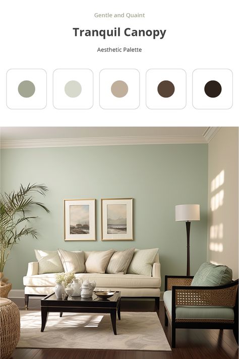 The Tranquil Canopy color palette blends earthy and neutral tones. Subdued, muted green imparts a calming, natural quality. Pale gray, with a slight hint of green, creates an airy feel. Warm grey-brown infuses rustic comfort, while rich brown deepens the richness. Near-black brown adds intensity and sophistication. Mint Living Rooms, Walls Color, Green Walls Living Room, Farmhouse Makeover, Green Living Room Decor, Room Color Combination, Color Palette Living Room, Plan Villa, Living Room Wall Color