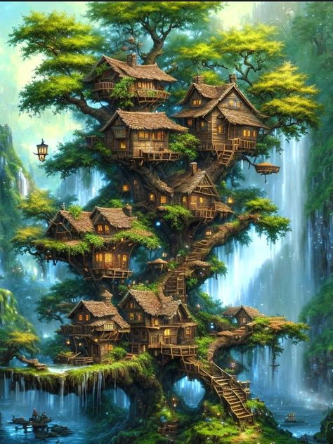 Fantasy Treehouse, Fantasy Settings, Building A Treehouse, Fantasy Tree, Fairy Homes, Beach Honeymoon Destinations, Underwater Art, Fantasy Worlds, Tree Houses