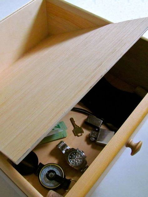 How to make a false bottom drawer for hidden storage | The 21 Sneakiest Storage Spots We've Ever Seen Diy Hiding Places, Secret Compartment Furniture, Stash Spots, Secret Hiding Spots, False Bottom, Secret Hiding Places, Secret Passageways, Hidden Spaces, Secret Room