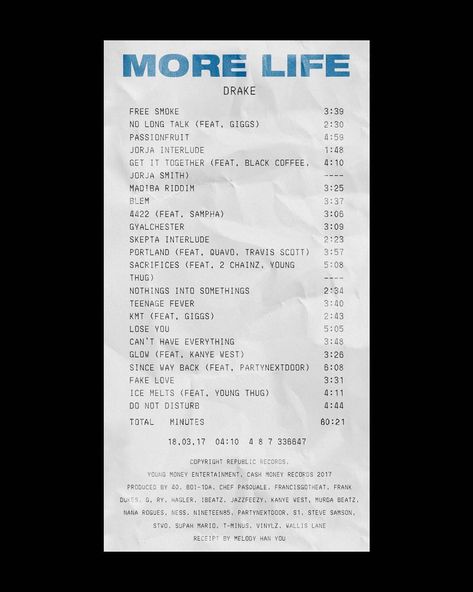 ALBUM RECEIPTS on Instagram: ““More Life” by Drake (@champagnepapi)” Poster Ideas Music, More Life Drake, Album Receipts, Drake Music, Drake Album Cover, Drake Album, Album Receipt, Drakes Album, College Pictures