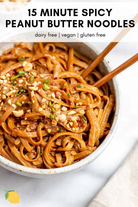 These spicy peanut butter noodles are an easy, healthy, gluten free dinner recipe that's also vegan! Garlic Peanut Noodles, Peanut Butter Garlic Noodles, Creamy Peanut Butter Noodles, Peanut Butter Rice Noodle Recipes, Rice Noodle Peanut Sauce, Peanut Butter Chili Oil Noodles, Peanut Chili Noodles, Peanut Butter Soy Sauce Noodles, Brown Rice Noodle Recipes