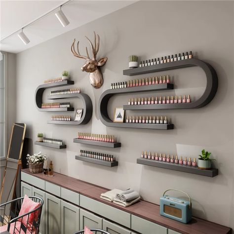 Nail Salon Shelving Ideas, Cosmetics Salon Interior, Mail Polish Display, Nail Polish Stand Display, Nail Salon Cabinets, Cool Nail Salon Interior, Nail Decor Salon, Mobile Nail Salon Ideas, Nail Salon Wall Decor Ideas